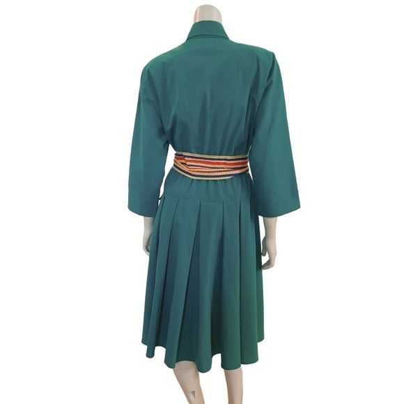 Vintage 80s Day Dress size 4 Emerald Green Cotton Blend with Contrasting Belt - Picture 5 of 7